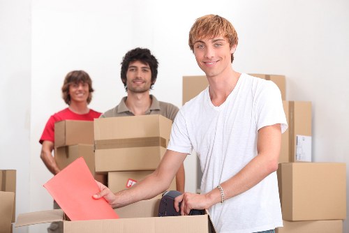 Packed office equipment ready for relocation